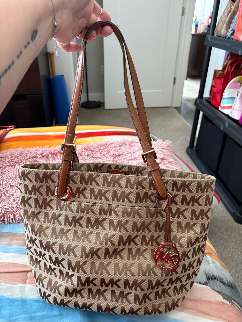Michael Kors Brown Logo Tote with Tan Leather Straps